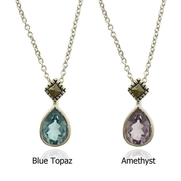 Dolce Giavonna Silverplated Gemstone and Marcasite Teardrop Necklace (February - Amethyst - Purple)