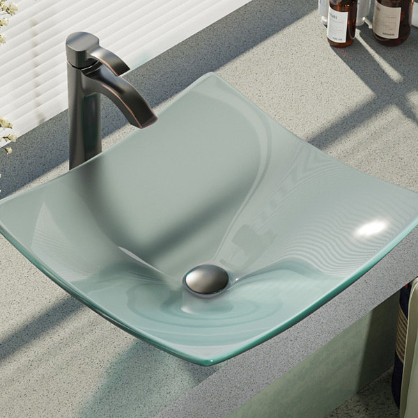 Rene by Elkay R5-5021-R9-7006 Frosted Glass Vessel Bathroom Sink with Faucet, Sink Ring, and Pop-up Drain