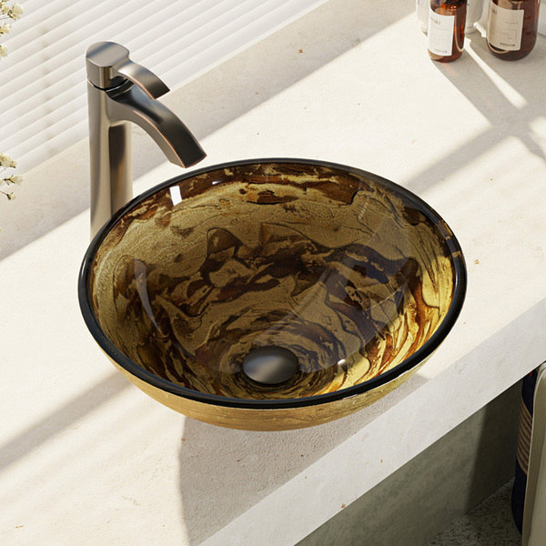 R5-5029-R9-7006 Foil Undertone Glass Vessel Sink with Faucet, Sink Ring, and Pop-up Drain