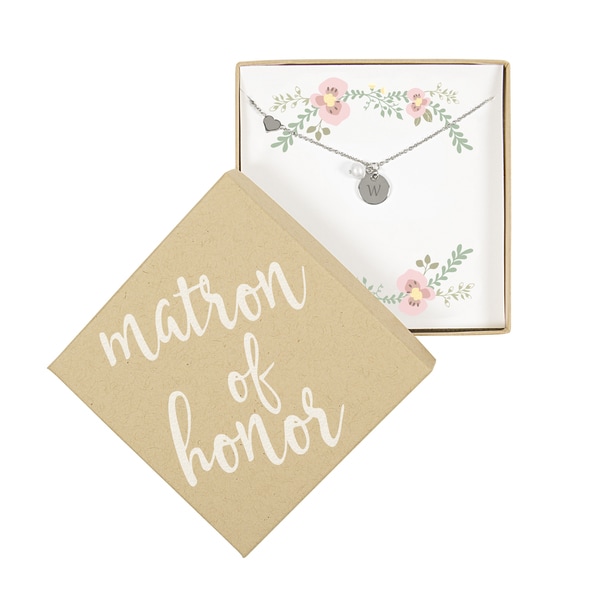 Personalized Matron of Honor Heart and Pearl Charm Silver Bracelet (N)