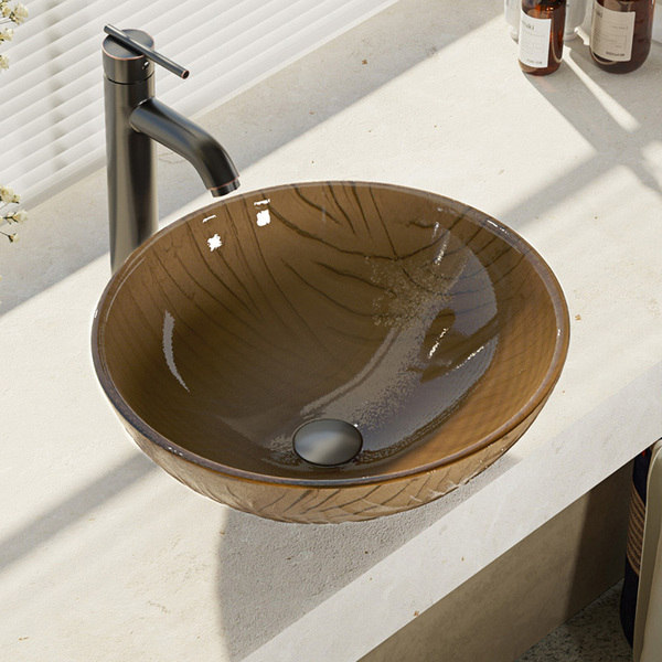 R5-5025-R9-7001 Beach Sand Glass Vessel Bathroom Sink with Faucet, Sink Ring, and Pop-up Drain