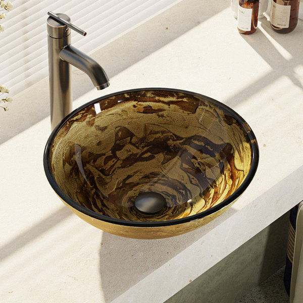 R5-5029-R9-7001 Foil Undertone Glass Vessel Sink with Faucet, Sink Ring, and Pop-up Drain