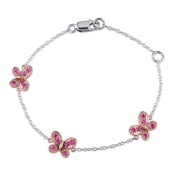 Miadora Sterling Silver Created Pink Sapphire Butterfly Charm Bracelet