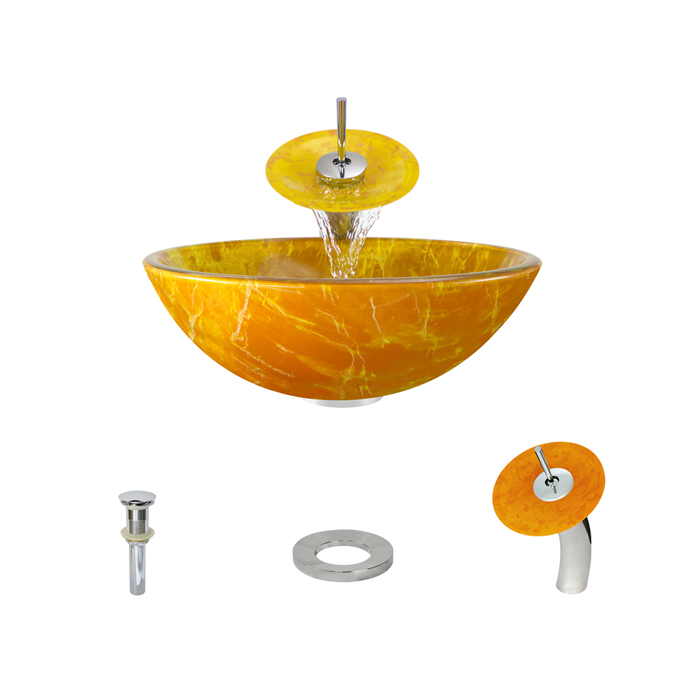 MR Direct 605 Vessel Sink Ensemble with a Chrome Finish Waterfall Faucet  Pop-up Drain  and Sink Ring.