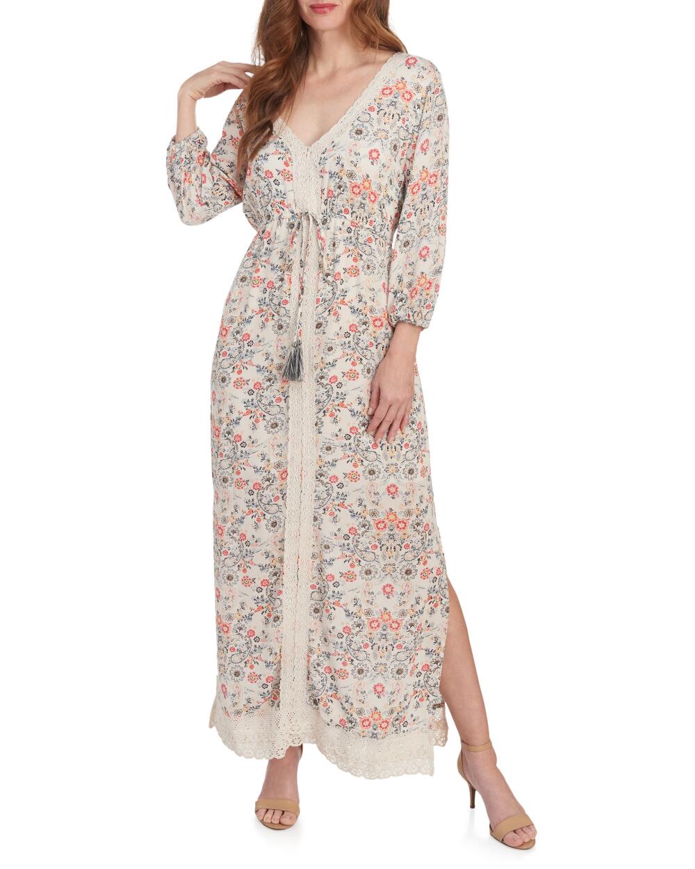 Juniors' Hint of Mint Printed Maxi Dress with Slit, Women's, Size: Small, Med Beige