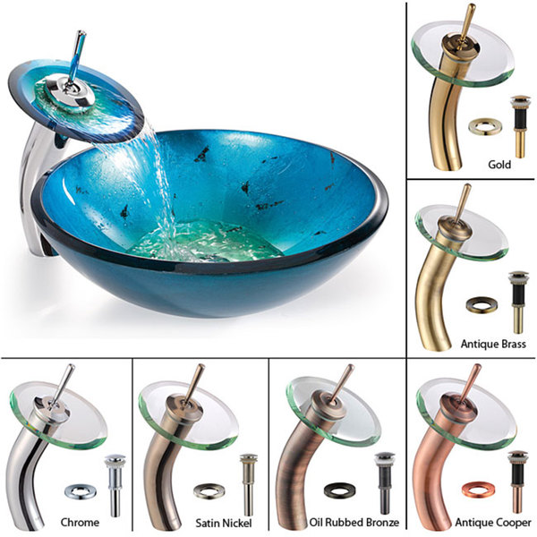 Kraus Glass Vessel Sink, Bathroom Faucet, Pop up Drain, Mounting Ring (Antique Brass)