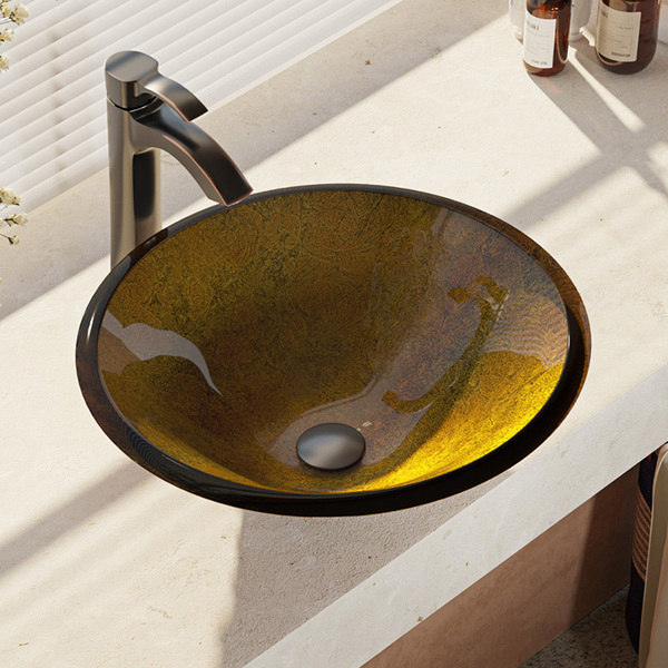 R5-5013-R9-7006 Foil Undertone Glass Vessel Sink with Faucet, Sink Ring, and Pop-up Drain