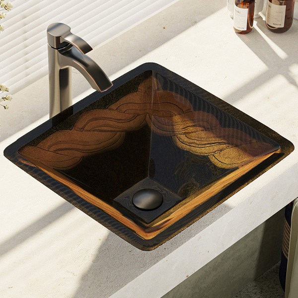 R5-5036-R9-7006 Foil Undertone Glass Vessel Sink with Faucet, Sink Ring, and Pop-up Drain