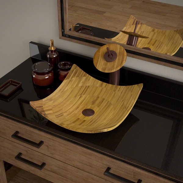 892 Bamboo Vessel Bathroom Sink, with Oil Rubbed Bronze Waterfall Vessel Faucet, Sink Ring, and Vessel Pop-up Drain