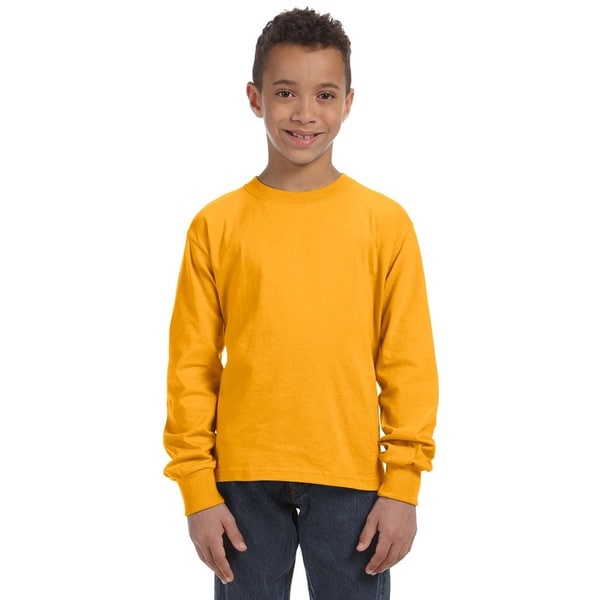 Fruit of the Loom 4930B Youth 5 Oz. HD Cotton Long-Sleeve T-Shirt in Gold Size Large 4930BR