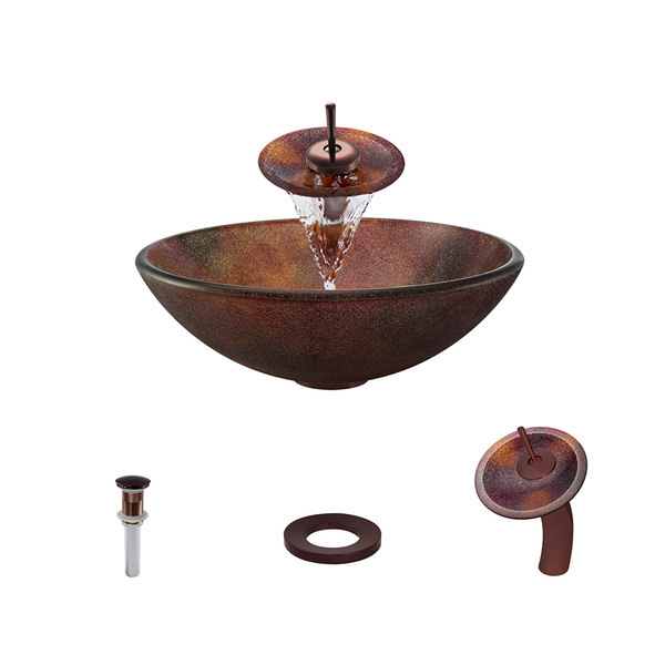 614 Frosted Glass Vessel Sink, with Oil-Rubbed Bronze Vessel Faucet, Sink Ring, and Vessel Pop-up Dr