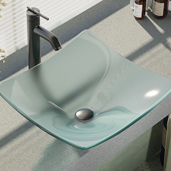 R5-5021-R9-7001 Frosted Glass Vessel Bathroom Sink with Faucet, Sink Ring, and Pop-up Drain