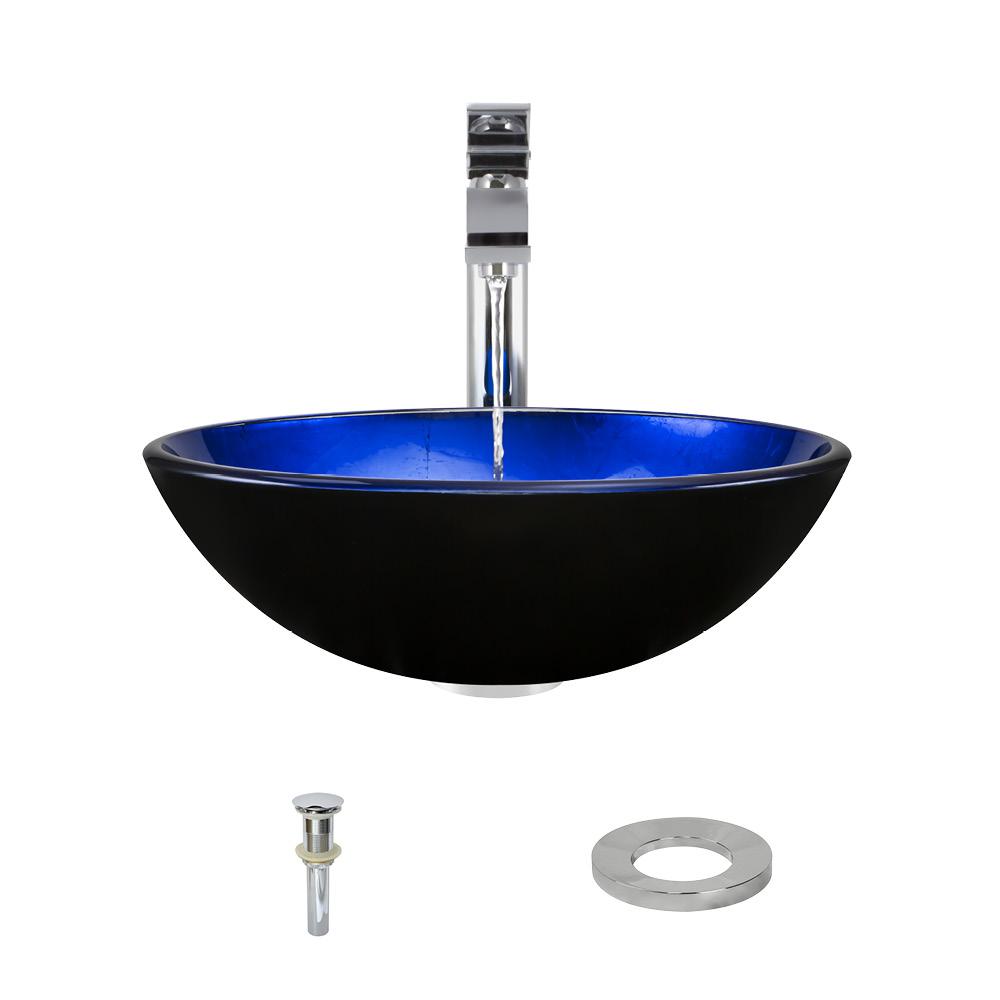 608 Foil Undertone Glass Vessel Sink, with Chrome Vessel Faucet, Sink Ring, and Vessel Pop-up Drain