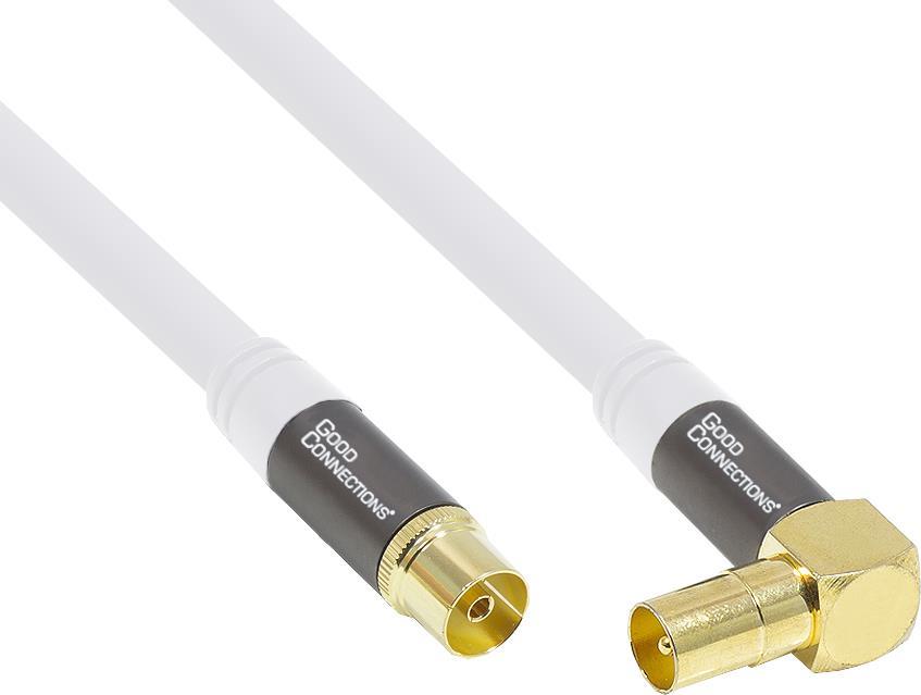 SAT Antennenkabel SmartFLEX, IEC/Koax Stecker Abgewinkelt an Buchse, Vergoldet, Vierfach Geschirmt, Schirmmaß 120dB, Weiß, 1m, Good Connections® (G