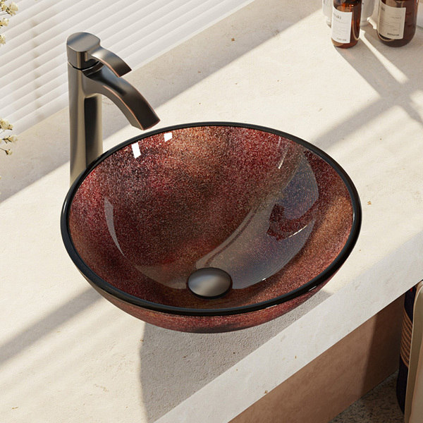 R5-5014-R9-7006 Frosted Glass Vessel Sink with Faucet, Sink Ring, and Pop-up Drain