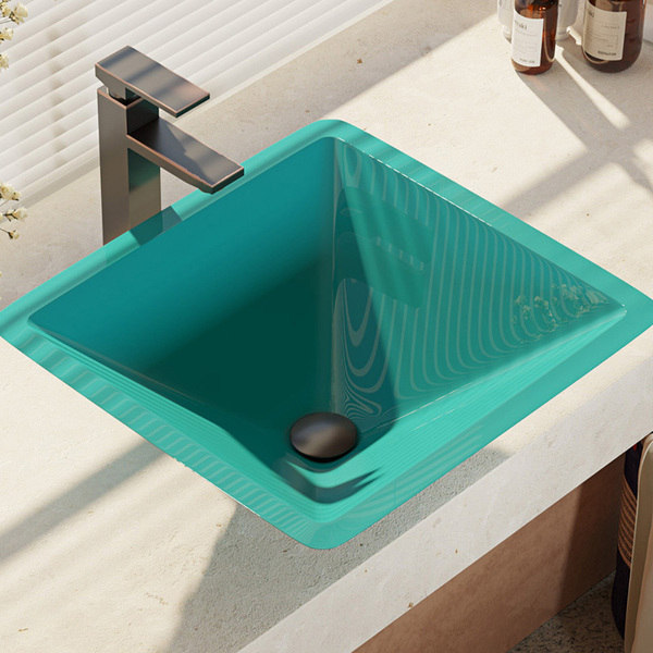 R5-5003-CER-R9-7003 Cerulean Colored Glass Vessel Sink with Faucet, Sink Ring, and Pop-up Drain