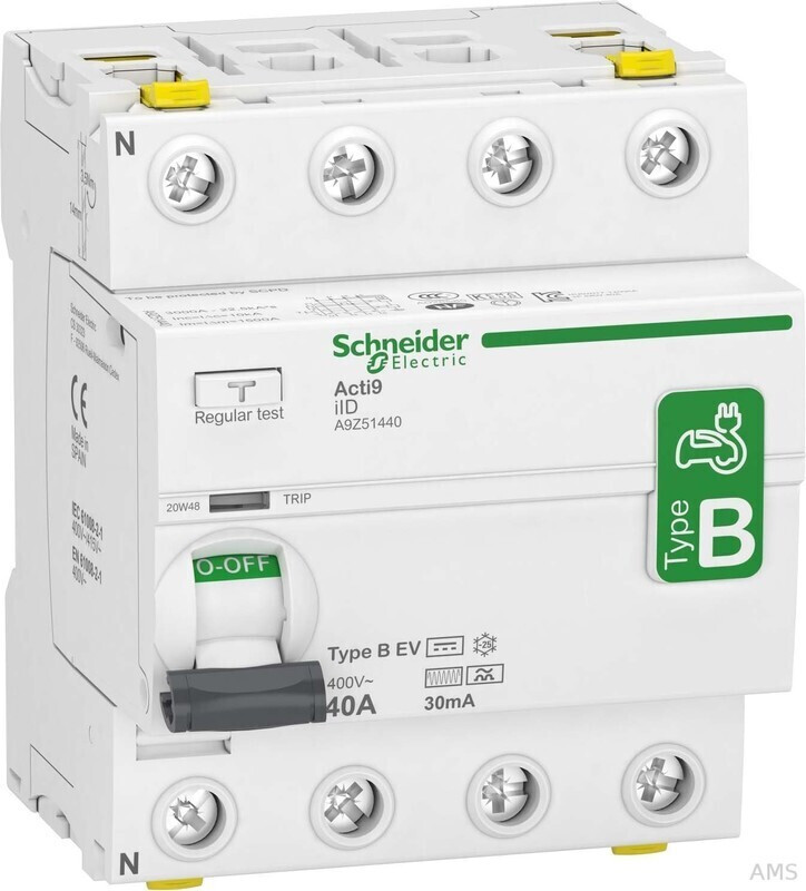 Schneider Electric Acti9 IID Series Residual Current Circuit Breaker, 40 a, 4-Pole, 30 MA, Type B, 1500 a 400 V Ac