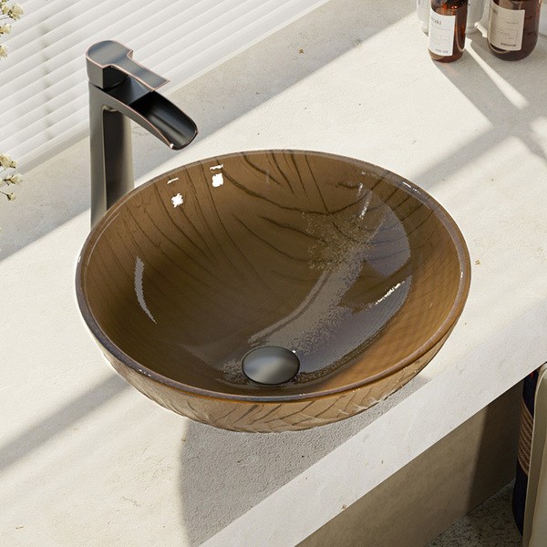 R5-5025-R9-7007 Beach Sand Glass Vessel Bathroom Sink with Faucet, Sink Ring, and Pop-up Drain