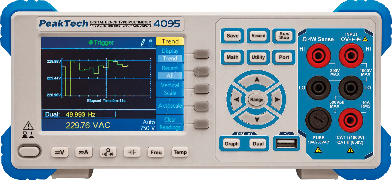 PeakTech P4095 Bench TFT Multimeter, 10A Ac Max, 10A Dc Max, 750V Ac Max