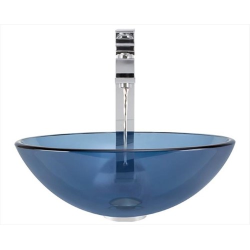 601 Aqua Colored Glass Vessel Sink, with Chrome Vessel Faucet, Sink Ring, and Vessel Pop-up Drain
