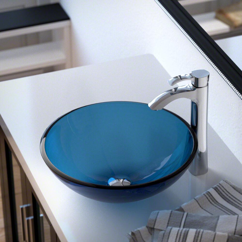 601 Aqua Colored Glass Vessel Sink, with Chrome Vessel Faucet, Sink Ring, and Vessel Pop-up Drain