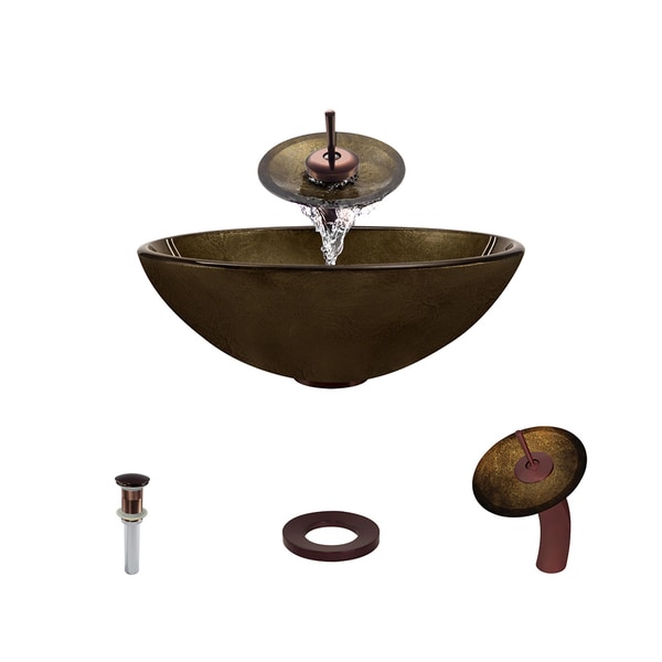 637 Foil Undertone Glass Vessel Sink, with Oil-Rubbed Bronze Vessel Faucet, Sink Ring, and Vessel Pop-up Drain (726)