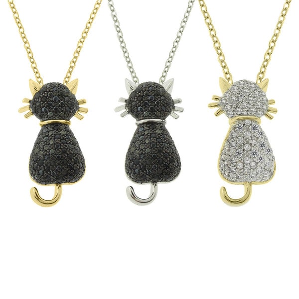 Dolce Giavonna 18k Gold or Silver Overlay Pave Cubic Zirconia Cat Necklace