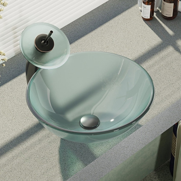 R5-5002-WF Frosted Glass Vessel Sink with Waterfall Faucet, Sink Ring, and Pop-up Drain