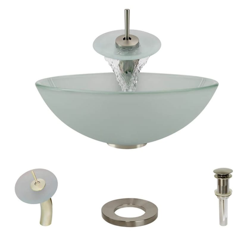 R5-5002-WF Frosted Glass Vessel Sink with Waterfall Faucet, Sink Ring, and Pop-up Drain