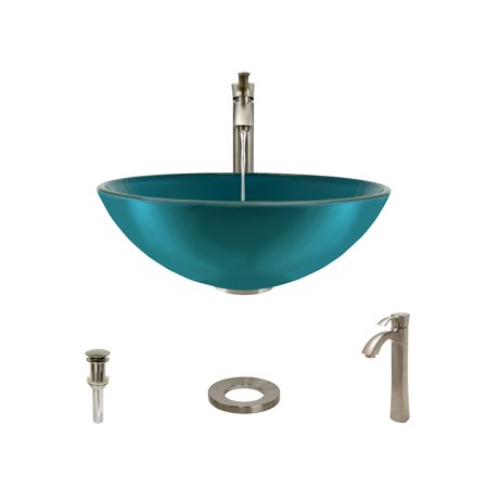 601 Turquoise Colored Glass Vessel Sink, with Brushed Nickel Vessel Faucet, Sink Ring, and Vessel Pop-up Drain