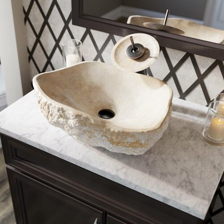 MR Direct 870 Galaga Beige Marble Vessel Sink Ensemble with Brushed Nickel Finish Waterfall Faucet  Pop-up Drain  and Sink Ring
