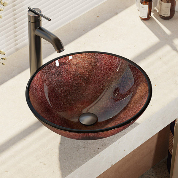 R5-5014-R9-7001 Frosted Glass Vessel Sink with Faucet, Sink Ring, and Pop-up Drain