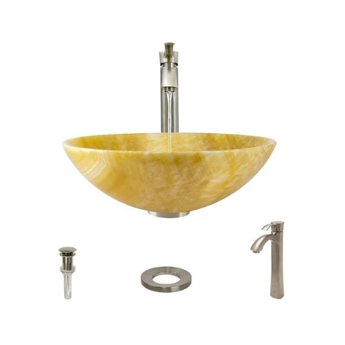 853 Honey Onyx Vessel Sink with Faucet, Sink Ring, and Pop-up Drain in Brushed Nickel