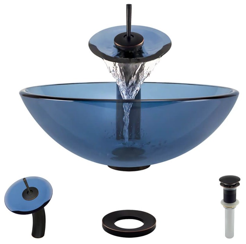 R5-5001-CEL-WF Celeste Colored Glass Vessel Sink with Waterfall Faucet, Sink Ring, and Pop-up Drain