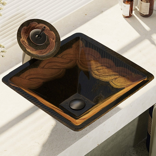 R5-5036-WF Foil Undertone Glass Vessel Sink with Waterfall Faucet, Sink Ring, and Pop-up Drain