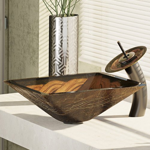 R5-5036-WF Foil Undertone Glass Vessel Sink with Waterfall Faucet, Sink Ring, and Pop-up Drain