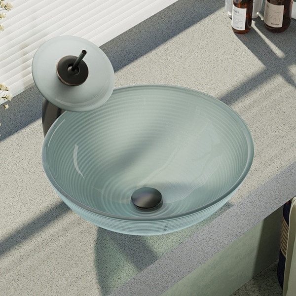 R5-5034-WF Foil Undertone Glass Vessel Sink with Waterfall Faucet, Sink Ring, and Pop-up Drain
