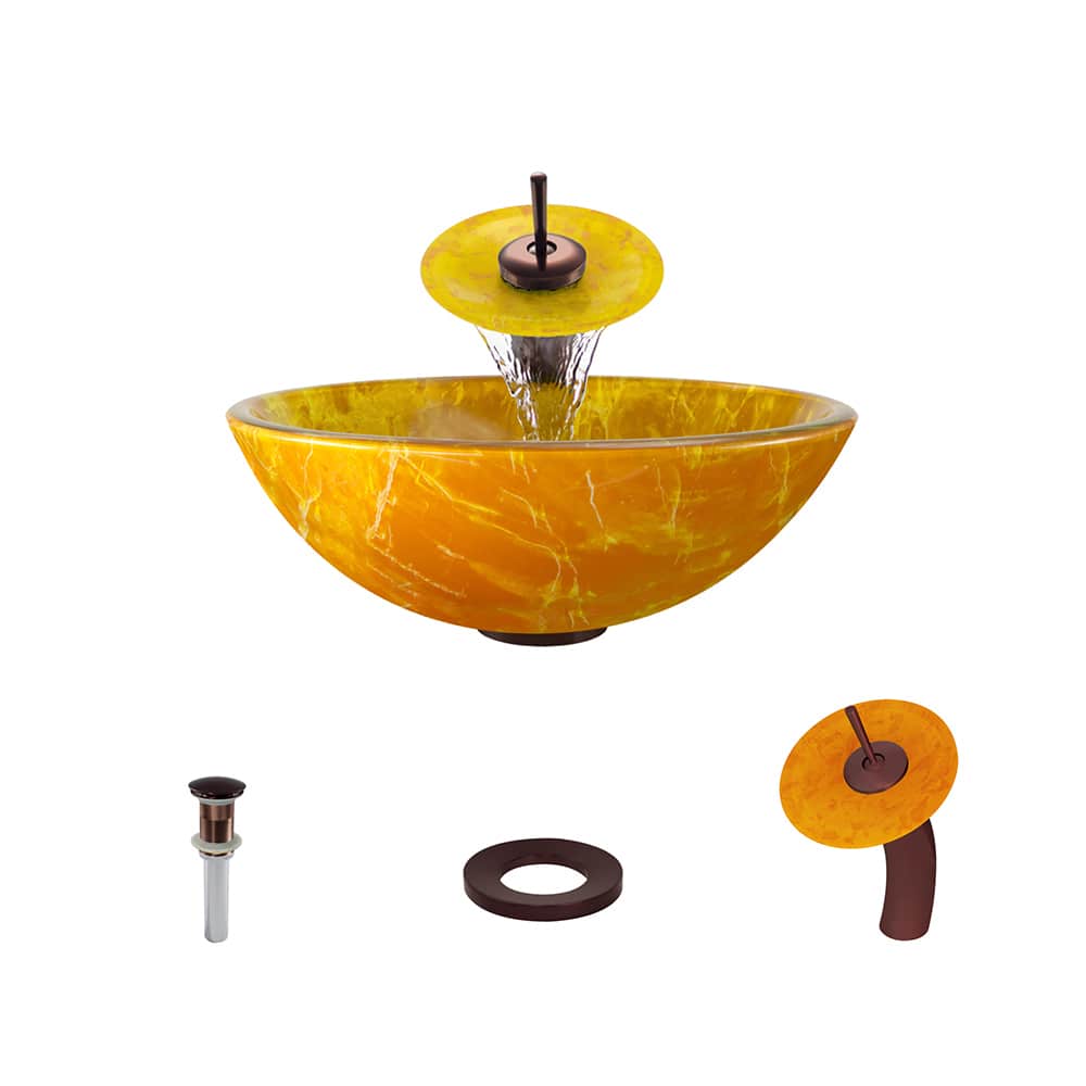 MR Direct 605 Double Layer Glass Vessel Sink  with Oil-Rubbed Bronze Vessel Faucet  Sink Ring  and Vessel Pop-up Drain