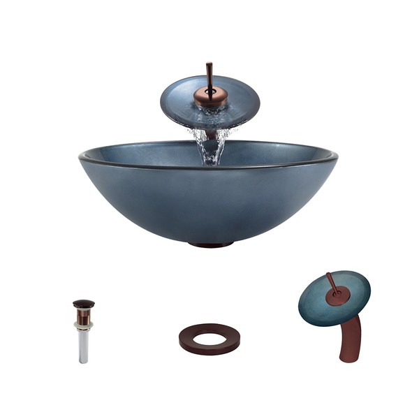 633 Hand-Painted Glass Vessel Sink, Oil-Rubbed Bronze Waterfall Faucet, Sink Ring, and Vessel Pop-up Drain (726)