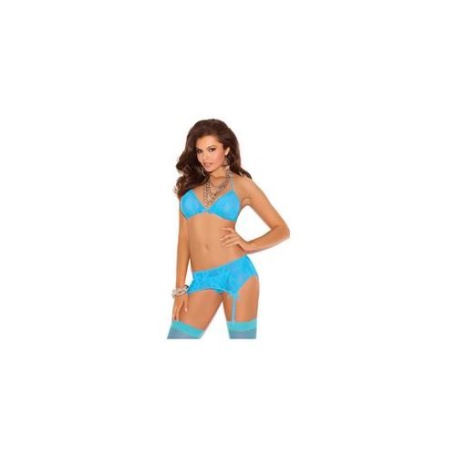 Elegant Moments Women's Nylon Stretch Lace Halter Bra, Garter Belt and G-string