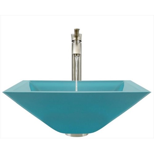 603 Turquoise Colored Glass Vessel Sink, with Brushed Nickel Vessel Faucet, Sink Ring, and Vessel Pop-up Drain