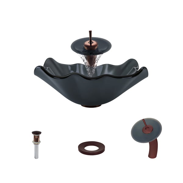 612 Frosted Glass Vessel Sink, with Oil-Rubbed Bronze Vessel Faucet, Sink Ring, and Vessel Pop-up Drain
