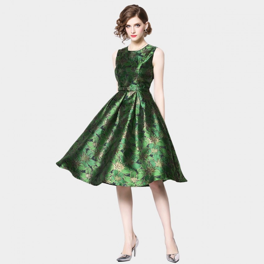 OFYA Metallic Floral Green Dress (6222)