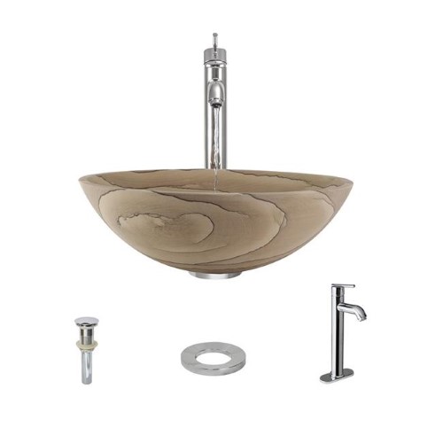 852 Wood Sandstone Vessel Sink with Faucet, Sink Ring, and Pop-up Drain in Chrome