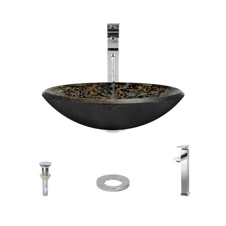 634 Hand-Painted Foil Undertone Glass Vessel Sink, with Chrome Vessel Faucet, Sink Ring, and Vessel Pop-up Drain