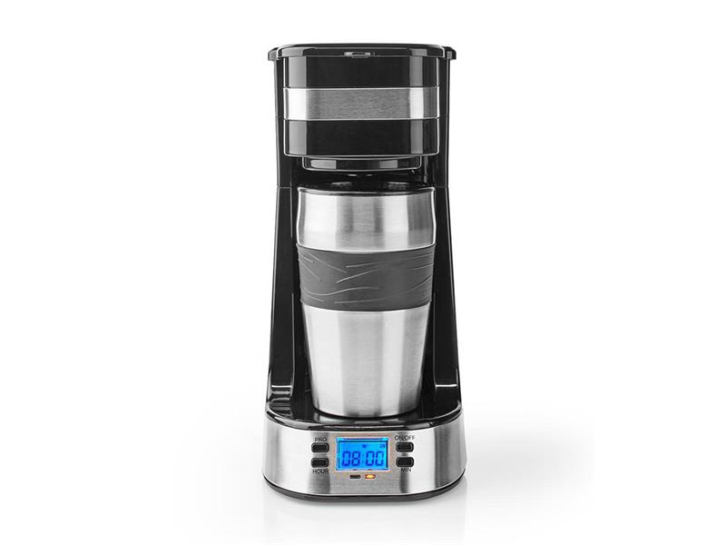 Nedis Single Serve 1 Cup Coffee Maker Digital Machine and Double Wall Insulated Travel Mug, with Timer, Stainless Steel, 420ml, Black