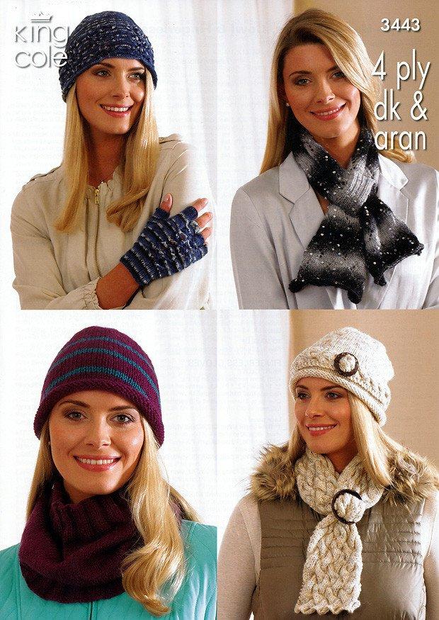Lady's Hats, Scarves, Cowl and Fingerless Gloves in King Cole DK, 4 Ply and Aran (3443)