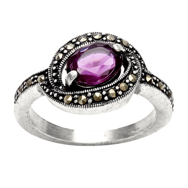City by City Silvertone Amethyst and Marcasite Antiqued Ring