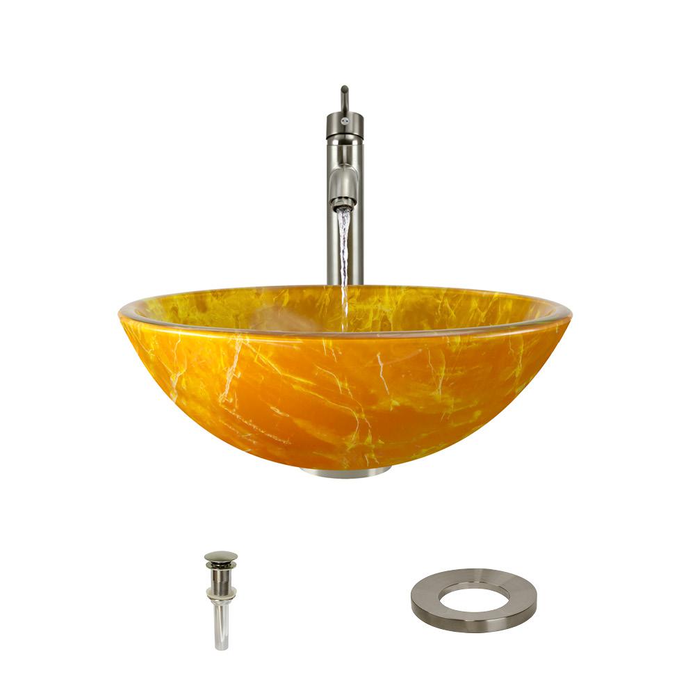 605 Double Layer Glass Vessel Sink, with Brushed Nickel Vessel Faucet, Sink Ring, and Vessel Pop-up Drain