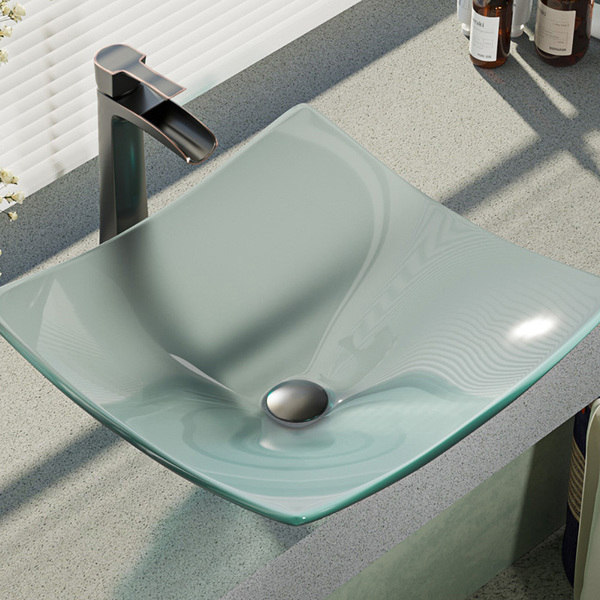 R5-5021-R9-7007 Frosted Glass Vessel Bathroom Sink with Faucet, Sink Ring, and Pop-up Drain (Antique/Bronze Finish)